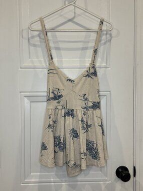 Torrid 00 Toile Print Babydoll Tank Top Blue Tan Adjustable Straps EUC